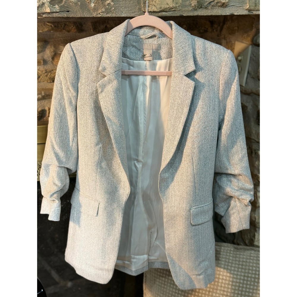 H&M Women Size 4 Blazer Light Gray White Herringbone 3/4 Sleeve Workwear Career